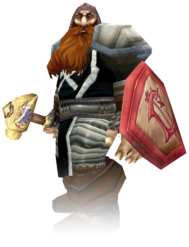 A dwarf paladin from World of Warcraft Classic with a hammer and a red shield