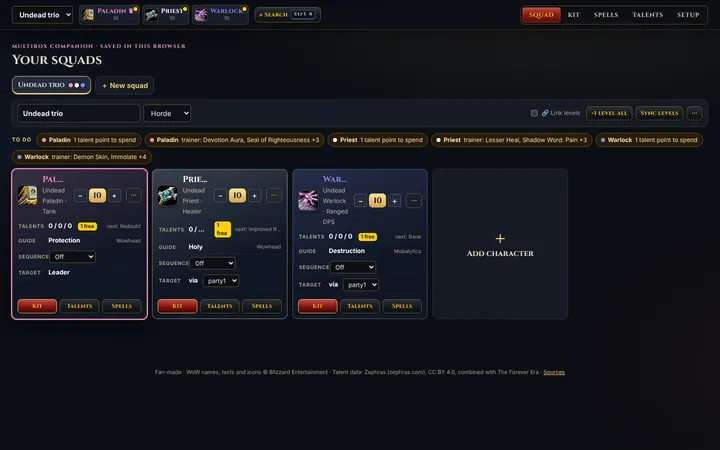 Squad Companion, Squad view: a squad of a Paladin, a Priest and a Warlock at level 10, each card with talents, guide, sequence and target settings, plus a to-do list of talent points and trainer visits.