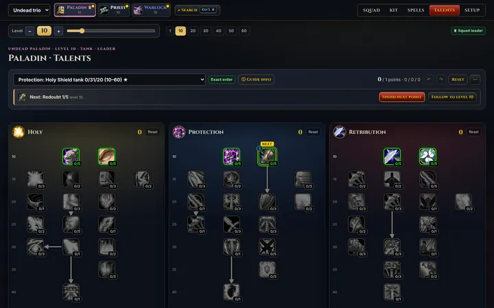 Squad Companion, Talents view: the Paladin's three talent trees with the next recommended point, Redoubt, highlighted from the selected guide.