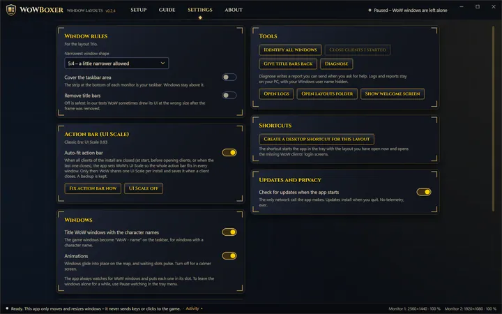 Settings screen with window rules, the action bar UI Scale fix, window titles, tools such as Identify all windows and Diagnose, desktop shortcuts, and the update check.