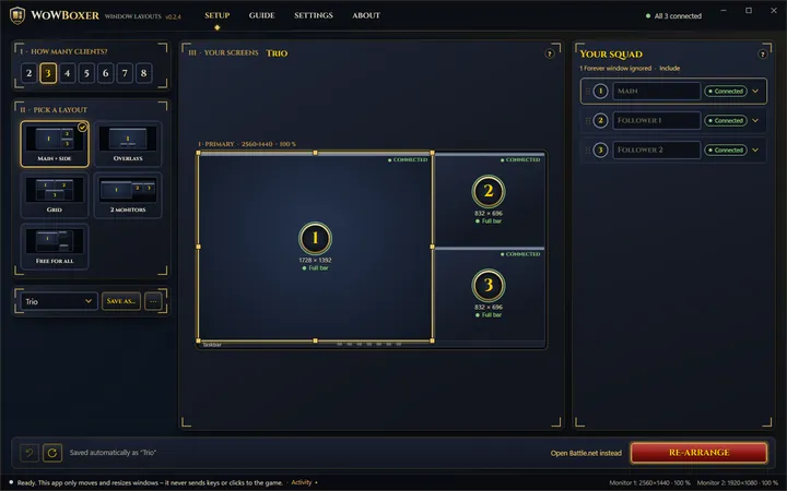 WoWBoxer Window Layouts with 3 clients in the Main + side layout: window 1 large on the left, windows 2 and 3 stacked on the right, all three connected.