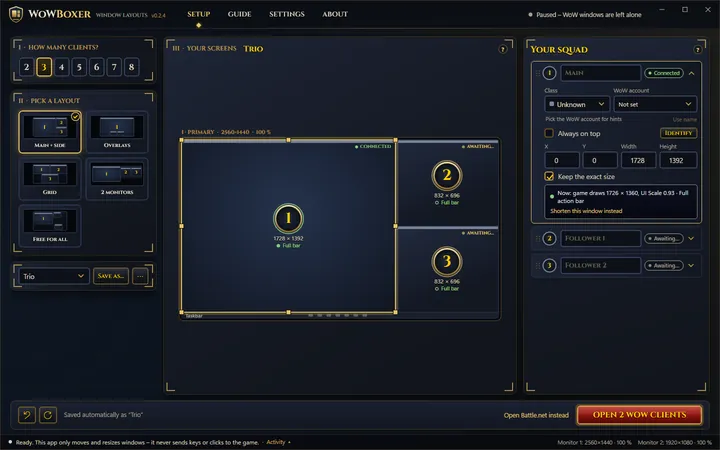 Window details for window 1: class, WoW account, always on top, exact position and size, and a check that the game's action bar fits.